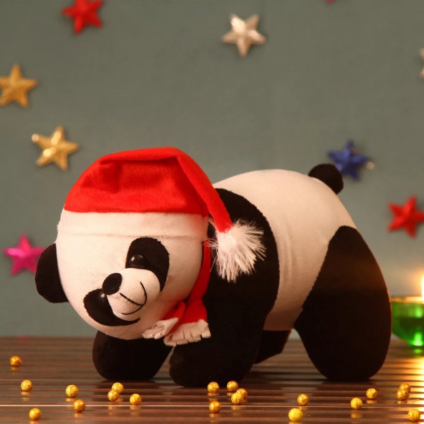 Black and White Panda Christmas Teddy Bear with santa cap and muffler